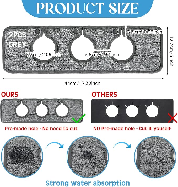 Teenyyou 2 Pcs Faucet Mat for Kitchen Sink Splash Guard for Kitchen Sink Faucet Dish Drying Mat for Bathroom Sponge Holder(Dark Gray,3 Round Holes) - Image 2