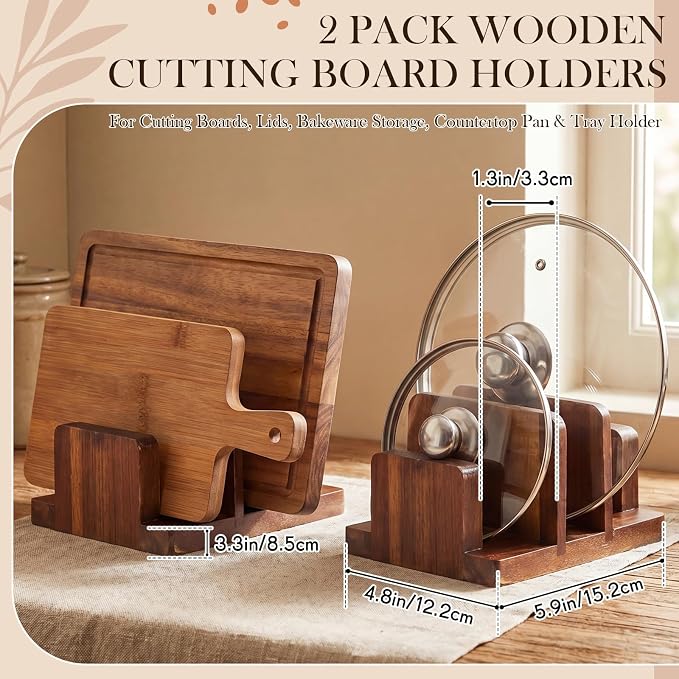 2 Pack Acacia Wood Cutting Board Holder, Kitchen Rack for Cutting Boards, Lids, Bakeware Storage, Countertop Pan & Tray Holder with 3 Slots, Plate Organizer for Cabinet, Baking Sheets - Image 2