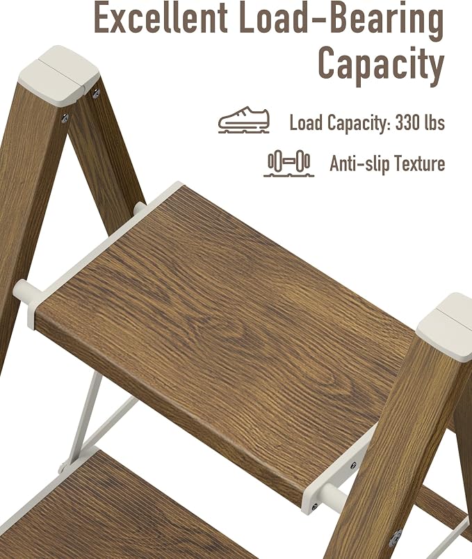 Mayi Plus 2 Step Stool Foldable, Aluminum, Lightweight Step Ladder | Extra-wide anti-slip folding steps with 330 lbs, for home,kitchen,office,outdoor,Cherry woodgrain - Image 5