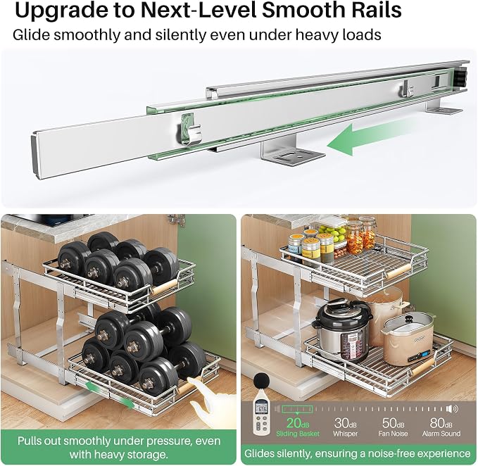 Pull out Cabinet Organizer, 2 Tiers 17"W X 21"D, Heavy Duty Smooth Sliding Under Cabinet Shelves for Pots and Pans, Full-Extension Roll out Drawers, Slide out Organization for Home Kitchen Pantry - Image 4