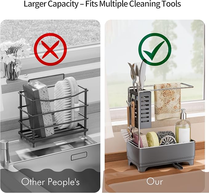 MOUKABAL 2-Tier Sponge Holder for Kitchen Sink, Sink Caddy Organizer Grey | Large Capacity/Rustproof Stainless Steel/360° Rotating Drain Keeps Counter Dry/Holds Sponge & Soap Bottle/Easy-Clean Tray - Image 4