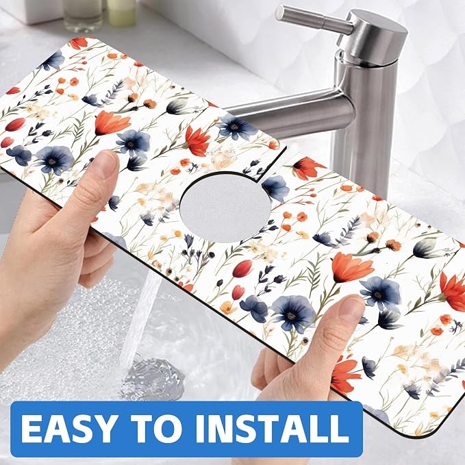 Watercolor Red and Blue Flowers Sink Faucet Absorbing Mat Sink Splash Guard Faucet Mat Draining Mat Fast Drying Sink Protectors for Kitchen and Bathroom 5.5"×15" - Image 6