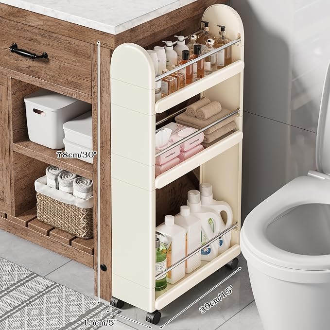 MiaLi 3 Tier Slim Storage Cart with Wheels, 1 PCS White Utility Slim Cart with Plastic, Adjustable Size for Laundry Kitchen Bathroom Narrow Places, Easy to Clean, Space Saving (White) - Image 2
