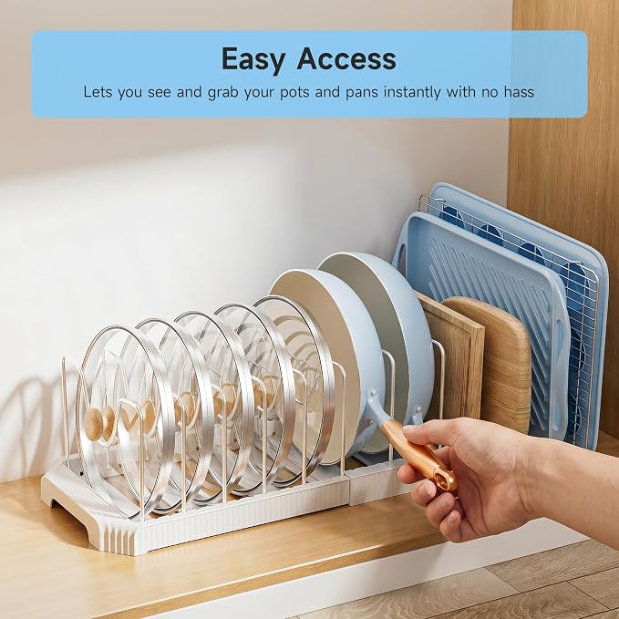 MUDEELA Pots and Pans Organizer under Cabinet, Pan Pot Organizer Inside Cabinet, Expandable 12.9''-21.88'' Pot Lid Organizer Holder with 12 Adjustable Dividers for Cutting Boards, Pan Lid Rack, White - Image 7