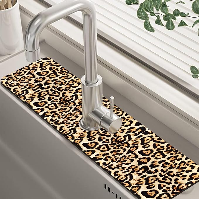 Abstract Brown Leopard Dish Drying Mat for Kitchen Sink Splash Guard Behind Faucet Sink Mat Absorbent Fast Drying Faucet Draining Mat for Bathroom Kitchen 5.5"×24" by Unknown