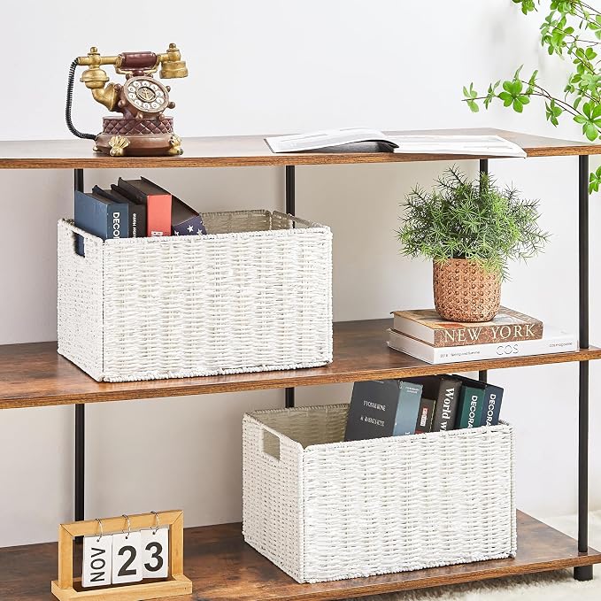 Wicker Storage Basket, Set of 2 Hand-Woven Paper Rope Wicker Basket, Small Storage Baskets for Organizing Toilet Paper Basket, Foldable Large Cube Storage Organizer Bins for Shelves (White) - Image 3