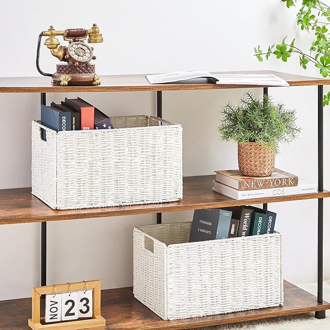Wicker Storage Basket, Set of 2 Hand-Woven Paper Rope Wicker Basket, Large Storage Baskets for Organizing, Foldable Large Cube Storage Organizer Bins for Shelves (White) - Image 3