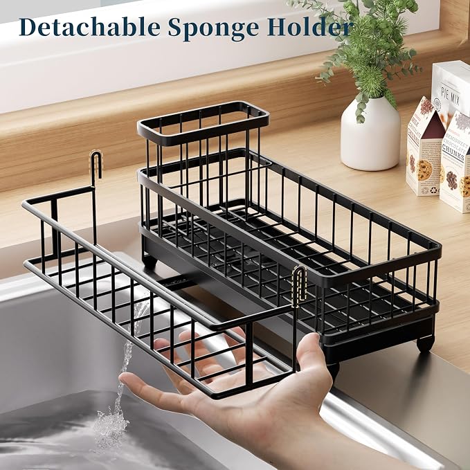 Consumest Sponge Holder for Kitchen Sink - Auto Draining Sink Caddy Organizer with Detachable Rack, High Brush Holder, Kitchen Countertop Storage Accessories, Black-Extra Large - Image 4