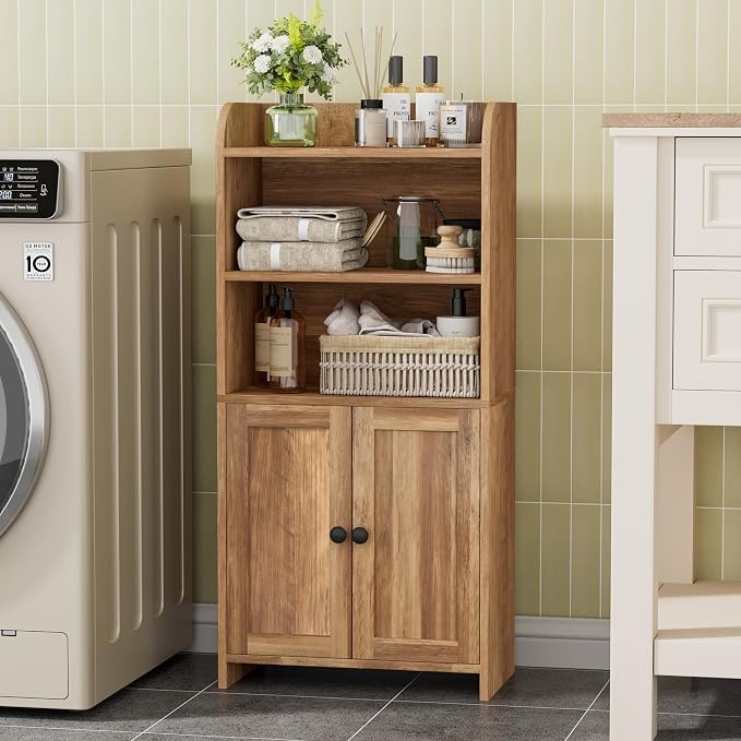 Homhedy Small Bathroom Storage Cabinet, Toilet Paper Storage Cabinet | Bathroom Floor Cabinet with Doors and Shelves, Bathroom Organizers for Small Spaces, 7.9"D x 14.6"W x 31"H, Rustic Walnut - Image 3