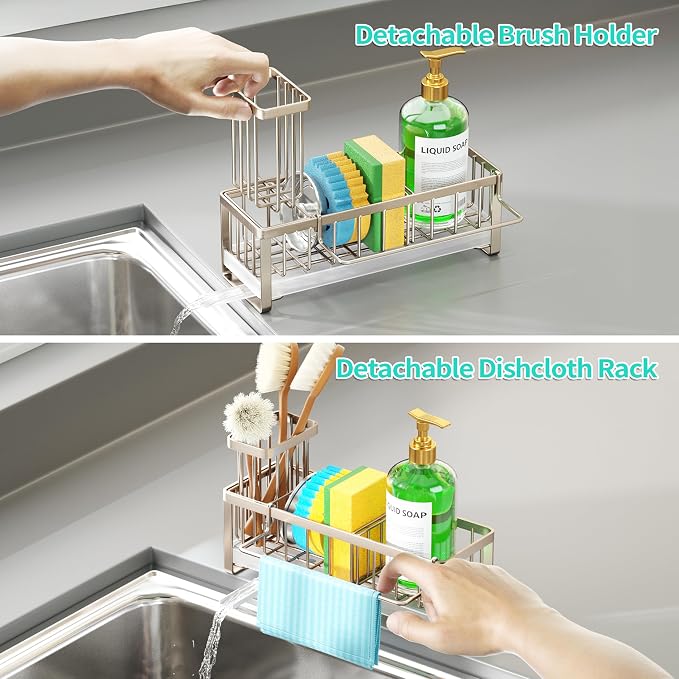 HapiRm Sponge Holder for Kitchen Sink - Self-draining Sink Caddy with Brush Holder and Dishcloth Holder, Stainless Steel Kitchen Organizer for Countertop - Brushed Nickel - Image 3