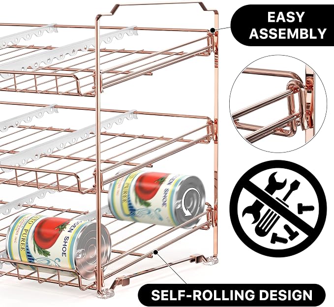 Simple Houseware 3-Tier Stackable Can Organizer Rack 36 Cans, Rose Gold | Can Food Storage Dispenser for Pantry/Cabinet, Adjustable Dividers – 11.5" D x 17" W x 13.75" H - Image 5