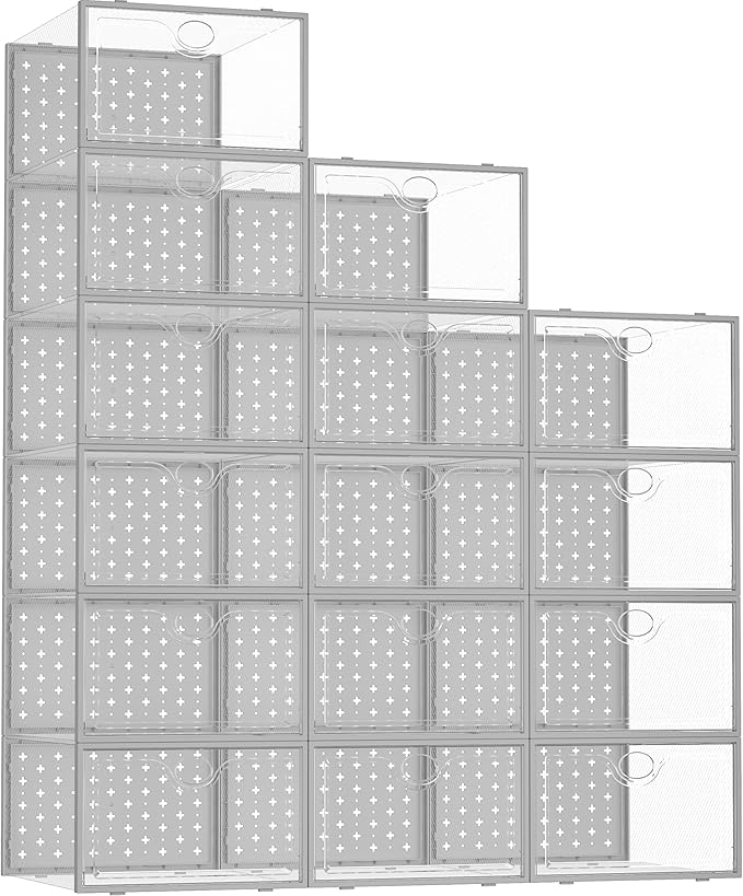15 Pack X-Large Shoe Storage Boxes, Shoe Organizer Clear Stackable | Fit US Size 11, 6.2” Height, Shoe Dispaly Case Holder Bins Sneaker Storage for Sneakerheads, For Home and Family, Grey by Pinkpum