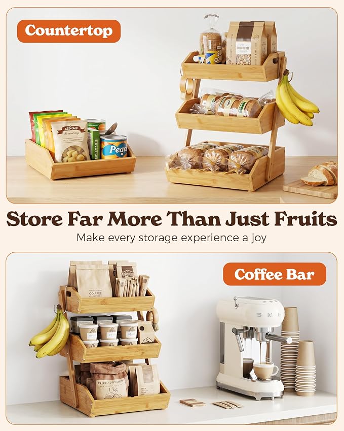 3-Tier Bamboo Fruit Basket with 2 Banana Holders | Large tiered organizer for bread, snacks, veggies. Sturdy bamboo, includes mats & dividers. Easy to assemble. - Image 6