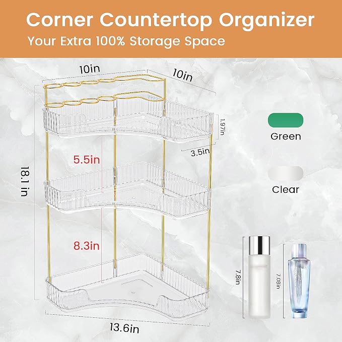 Makeup Organizer 3 Tier Bathroom Counter Organizer with Makeup Brush Holder | Corner Bathroom Organizer Countertop, Acrylic Counter Storage for Bathroom Dresser, Skincare Perfume Organizer- Clear - Image 3
