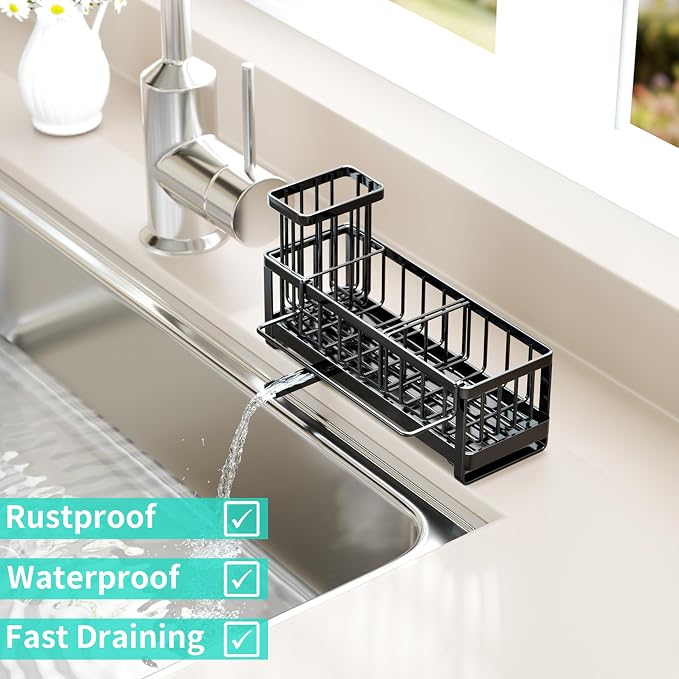 HapiRm Sponge Holder for Kitchen Sink - Self-draining Sink Caddy with Brush and Dishcloth Holders, Stainless Steel Kitchen Countertop Organizers and Storage Essentials - Black - Image 7