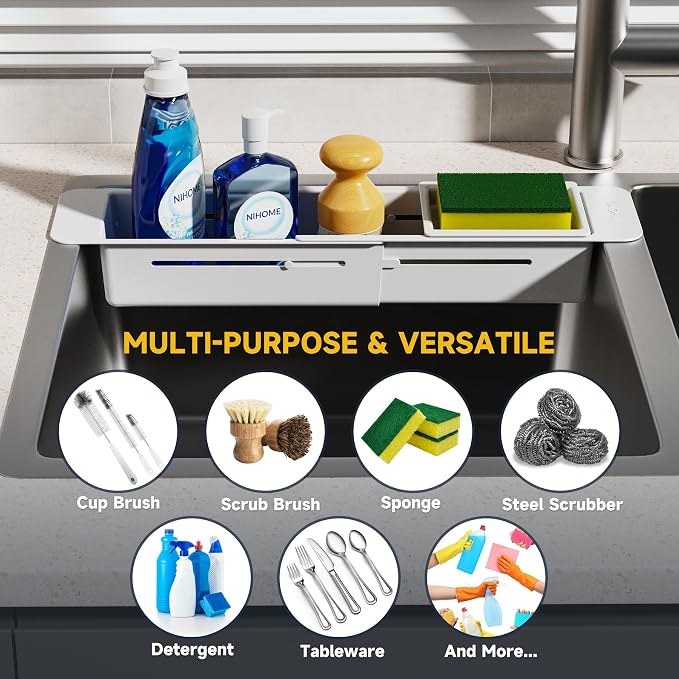 NiHome Extendable Kitchen Sink Caddy, Small Brush Sponge Storage Holder | Expandable Kitchen In Sink Organizer for Brush & Sponge with Drainage, Adjustable Length, Non-Slip Pads, Durable ABS (Gray) - Image 7