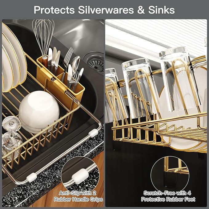 Gold Dish Drying Rack Over Sink with Utensil Holder, Drainboard | Expandable Stainless Steel Dish Drainer for Small Kitchen, Apartment, RV, Counter Space Saving, Perfect Fit, Rustproof - Image 6
