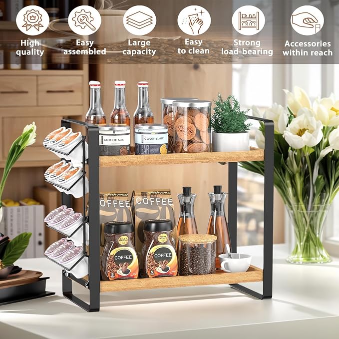 Coffee Station Organizer for Counter,Condiment Storage Caddy for Kitchen,2 Tier Wooden Shelf for Coffee Bar Accessories,Coffee Bar Organizer for Kitchen, Home, Office-Brown - Image 5