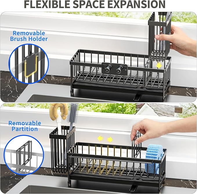 Moforoco Larger Version Sponge Holder for Kitchen Sink, Sink Caddy with High Brush Holder, Kitchen Sink Organizer Countertop Rustproof 304 Stainless Steel (Black with Towel Rack) - Image 6