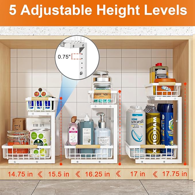 Under Sink Organizer, Height Adjustable Under Sink Organizers and Storage, 2 Tier Pull Out Drawer Cabinet Storage for Kitchen Bathroom, 1 Pack, White | cabinet organizer, 5 level adjustable, quiet sliding rails, dual suction and nano tape, no drill, ru... - Image 5