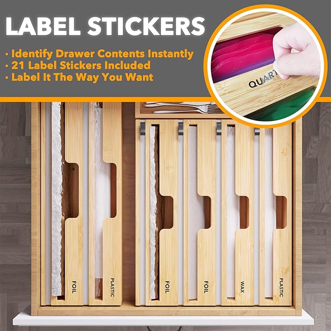 SpaceAid WrapNeat 4 in 1 Wrap Dispenser with Cutter and Labels, Plastic Wrap, Aluminum Foil and Wax Paper Dispenser for Kitchen Drawer, Bamboo Roll Organizer Holder, Compatible with 12" Roll - Image 4