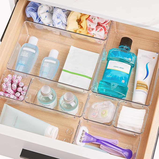 Vtopmart 25 PCS Clear Plastic Drawer Organizers Set, 4-Size Versatile Bathroom and Vanity Drawer Organizer Trays, Storage Bins for Makeup, Bedroom, Kitchen Gadgets Utensils and Office | 4-Size Versatile Makeup Organizer, Storage Containers Small Bins f... - Image 5