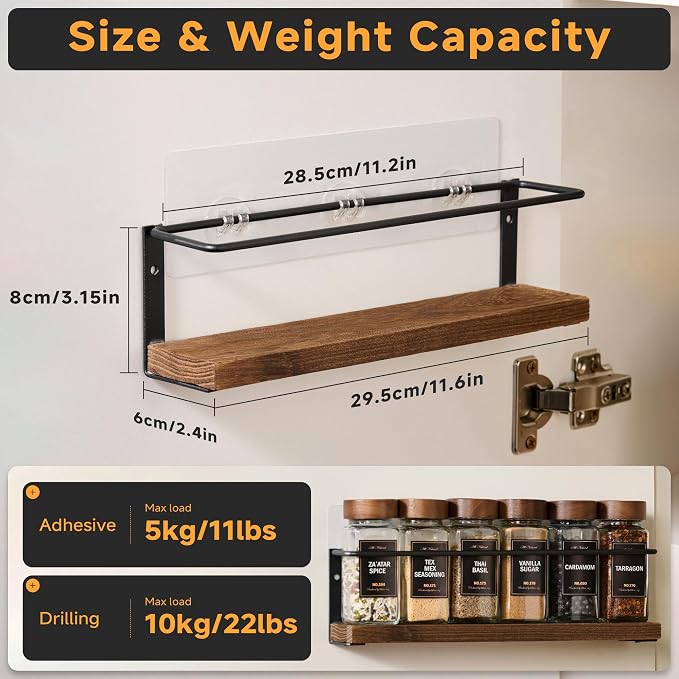 4-Tier Wall Mount Spice Rack Organizer- Screw/Adhesive Mount, Black Metal & Wood Spice Storage for Kitchen Pantry Cabinet, 11.6”L x 2.4”W x 3.2”H, Spice Jars Not Included - Image 3