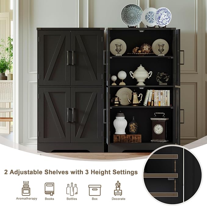 Treocho Farmhouse Bathroom Floor Cabinet with Adjustable Shelves | 13.78"D x 23.62"W x 43.46"H, Freestanding Kitchen Pantry Cabinet, Cupboard for Living Room, Dining Room, Black - Image 5