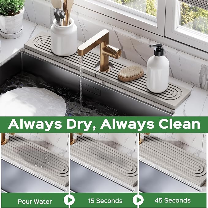 23.6 Inch Stone Faucet Mat for Kitchen Sink Splash Guard - Diatomite Quick Dry Stone Mat Kitchen Sink Protectors, Water-Absorbent Faucet Handle Drip Tray (Gray, 23.6" x 3.9") - Image 3