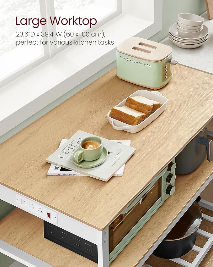 VASAGLE Kitchen Island with 3 Shelves, Kitchen Shelf with Power Strip, 23.6 x 39.4 x 34.9 Inches, Large Worktop, Steel Structure, Industrial, Easy to Assemble, Oak Color and White UKKI105Y01 - Image 6