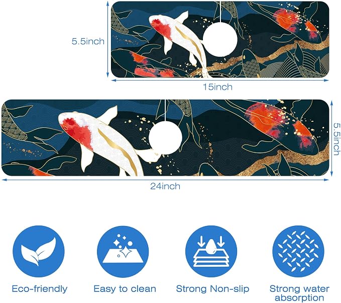 Oriental Japanese Koi Fish Sink Faucet Absorbing Mat Sink Splash Guard Faucet Mat Draining Mat Fast Drying Sink Protectors for Kitchen and Bathroom 5.5"×24" - Image 3