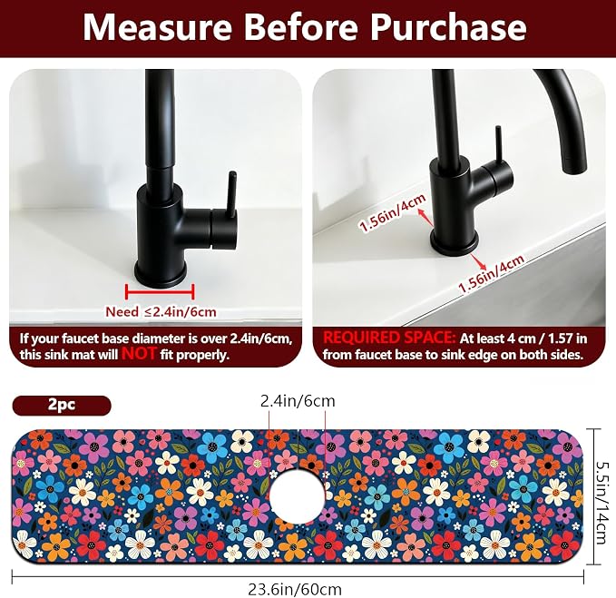 2 Pcs Floral Print Kitchen Sink Splash Guard Faucet Mat Plants Floral patterns Faucet Mat for Sinks Absorbing Drying Mats for Kitchen Bathroom, 23.6x5.5inch - Image 2