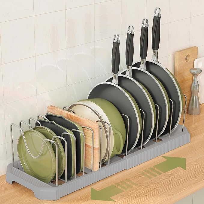 Expandable Pan Organizers Inside Cabinet with 12 Dividers Grey | Extends 12.9-21.9", Holds cookie sheets, cutting boards, pot lids and pans, iron dividers, plastic base, under cabinet rack - Image 2