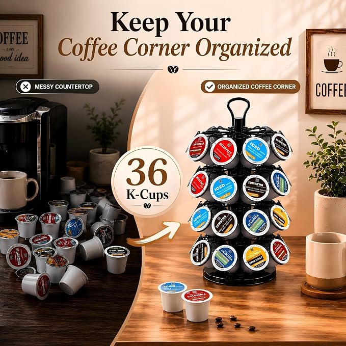 K Cup Holder-Coffee Pod Holder Organizer for 36 Pods,4-Tier K Cup Storage | K Cup Organizer,Stable Base,360°Rotating K Cup Carousel,Space-Saving for Countertop&Office,Coffee Pod Carousel Easy Assembly - Image 6