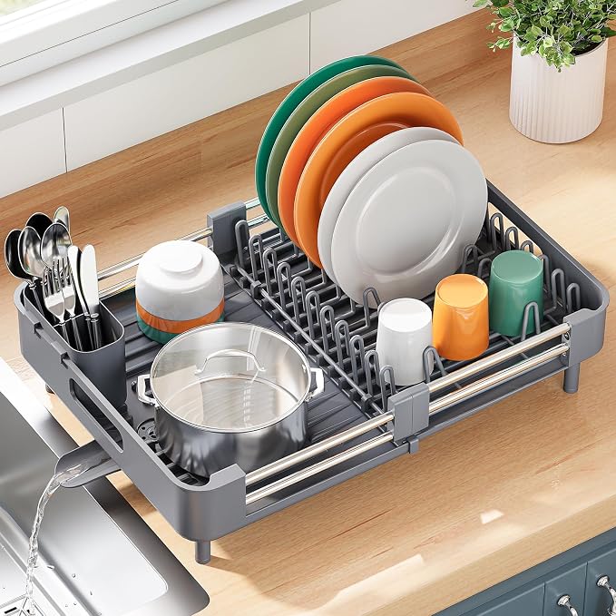 TOOLF Expandable Dish Drying Rack with Cutlery Holder, Standard, Grey | Over or In Sink Stainless Steel Dish Drainers for Compact Kitchen, Space Saving, Fast Drain, Rustproof, For 1-3 people - Image 9