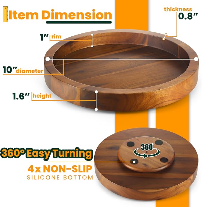 TIDITA 10" Wooden Lazy Susan Organizer for Cabinet, 360° Rotation, High Rim | Solid Acacia Wood, Non-Skid Pads, Swivel Round Lazy Susans Turntable for Countertop, Decorative Tray, Cheese Board, Multi-Use - Image 3