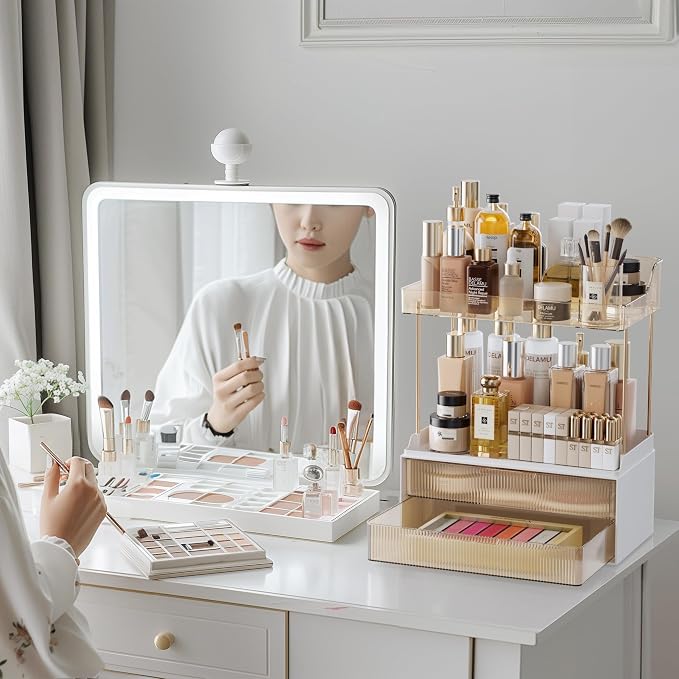 Delamu 4-Tier Makeup Organizer, Bathroom Counter Storage, 2 Drawers, Amber | Elegant Vanity Organizer Gift for Women, Holds Perfume, Skincare, Nail Polish & Hair Accessories for Bathroom Countertop - Image 4