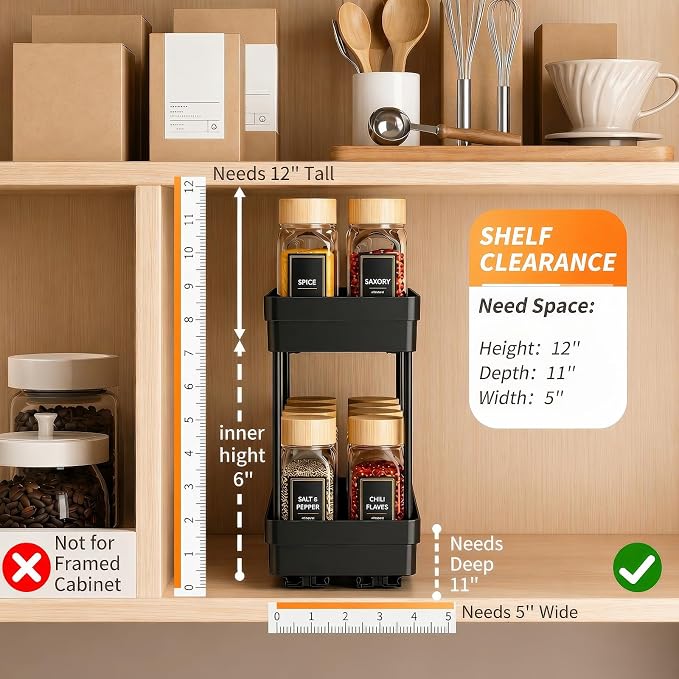 Pull Out Spice Rack,2 Pack 2-Tier Cabinet Organizer, Black | Kitchen Pantry Slide Out Seasoning, Fits Cabinets 12"H x 11"D x 5"W - Image 2
