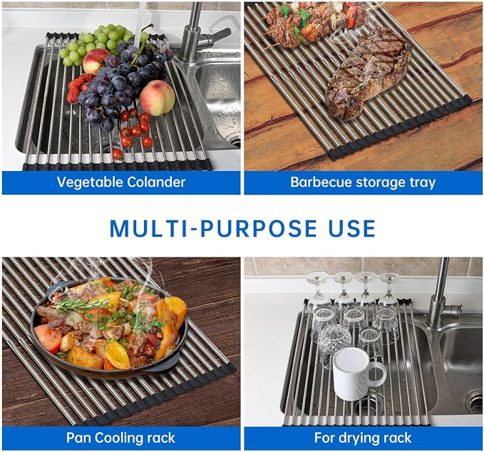 Expandable Roll Up Dish Drying Rack Over The Sink Rack, Foldable Dish Drainer Rack Stainless Steel for Large Sink, Silicone Rollable Collapsible Rack 18 Tube for Kitchen(Sliver,12'' to 21.14”) - Image 5