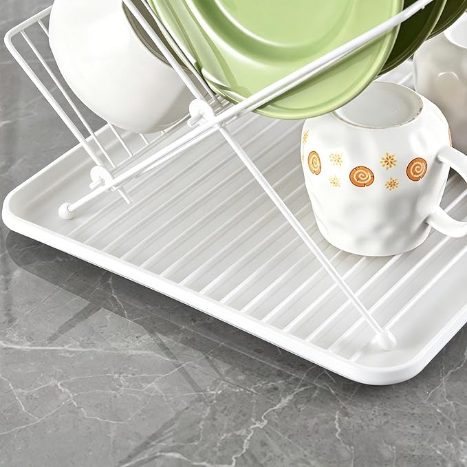 White Foldable 2-Tier Dish Rack - Heavy-Duty Metal Drying Rack with Removable Drip Tray, Collapsible Kitchen Sink Organizer for Plates, Bowls, Cups & Utensils - Image 6