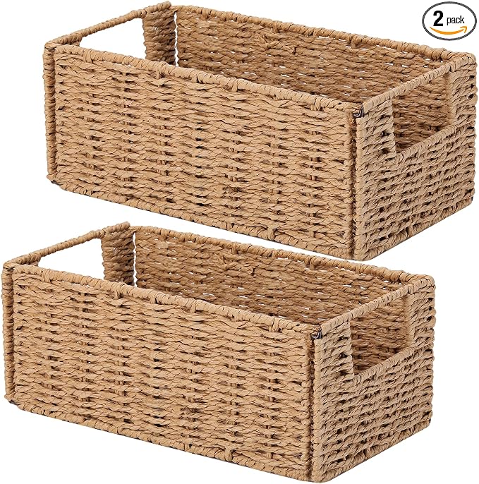Wicker Storage Basket, Set of 2 Hand-Woven Paper Rope Wicker Basket, Small Storage Baskets for Organizing Toilet Paper Basket, Foldable Large Cube Storage Organizer Bins for Shelves (Natural) by Vagusicc