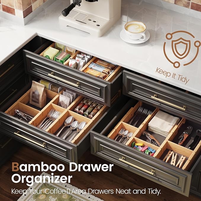 Bamboo Drawer Dividers 4 Pack with Inserts, Kitchen Adjustable Drawer Organizers for Home, Bedroom, Dresser, Expandable Organization 4 Dividers with 8 Inserts - Image 2