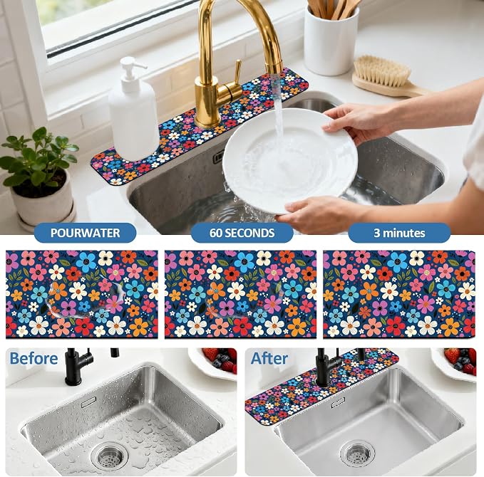 2 Pcs Floral Print Kitchen Sink Splash Guard Faucet Mat Plants Floral patterns Faucet Mat for Sinks Absorbing Drying Mats for Kitchen Bathroom, 23.6x5.5inch - Image 5