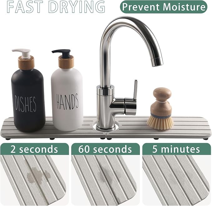 NiuYichee Faucet Mat for Kitchen Sink, Water Absorbing Diatomite Stone Tray | 19.6" x 3.9" Sink Coaster for Bathroom Counter, Stone Drying Mat, Sink Splash Guard, Fast Drying-Prevent Moisture, Pale Gray - Image 5