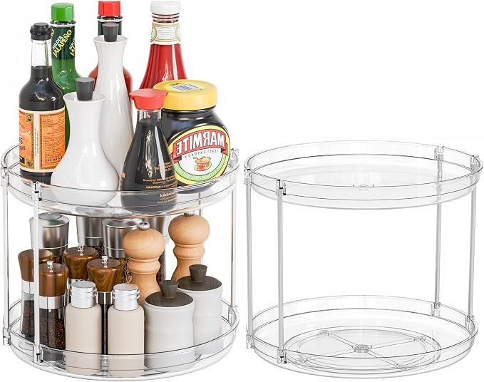 2 Pack 2 Tier Lazy Susan Spice Rack for Cabinet,Countertop and Pantry,9.5"W Small Rotating Turntable Organizer for Condiment,Pill Bottle,Vitamin,Medicine Cabinet Organizers and Kitchen Spice Organizer by SuoxingStorage