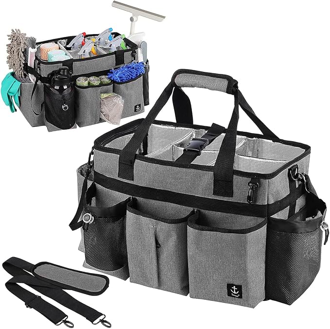 Large Cleaning Caddy Bag Built-in hard plastic sheet Aluminum foil lining | Waterproof nylon, aluminum foil lining, detachable dividers, dual straps for housekeepers by Timoxi