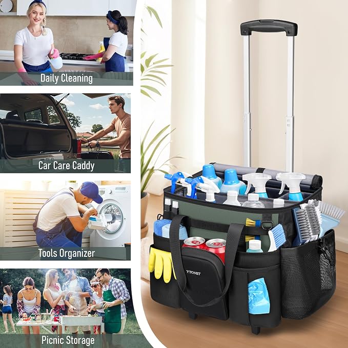 Ytonet Cleaning Caddy with Wheels, Extra Large Rolling Cleaning Caddy Bag | with Detachable Trolley for Housekeepers, Water Resistant Cleaner Supplies Organizer with Wheels for Kitchen, Tool Organizer - Image 8
