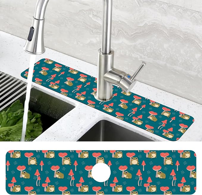 Cute Frog and Mushrooms Dish Drying Mat for Kitchen Sink Splash Guard Behind Faucet Sink Mat Absorbent Fast Drying Faucet Draining Mat for Bathroom Kitchen 5.5"×24" - Image 4