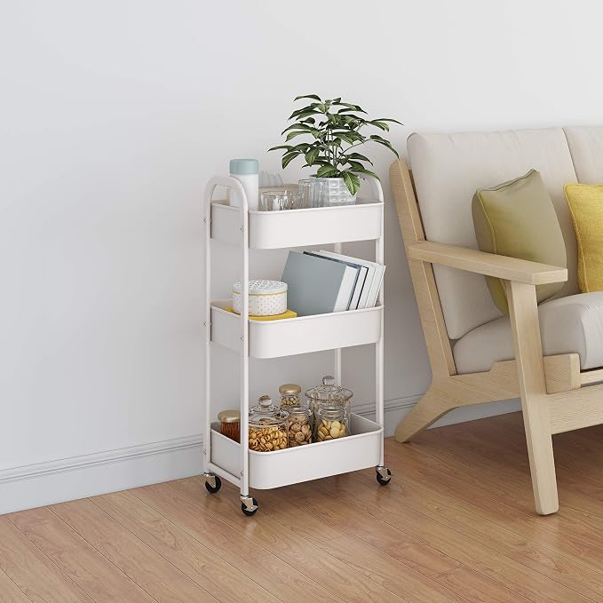 3-Tier Rolling Utility Cart with Caster Wheels,Easy Assembly, White | Easy Assembly, multi-purpose storage trolley for kitchen, rolling cart with smooth caster wheels for bathroom - Image 7