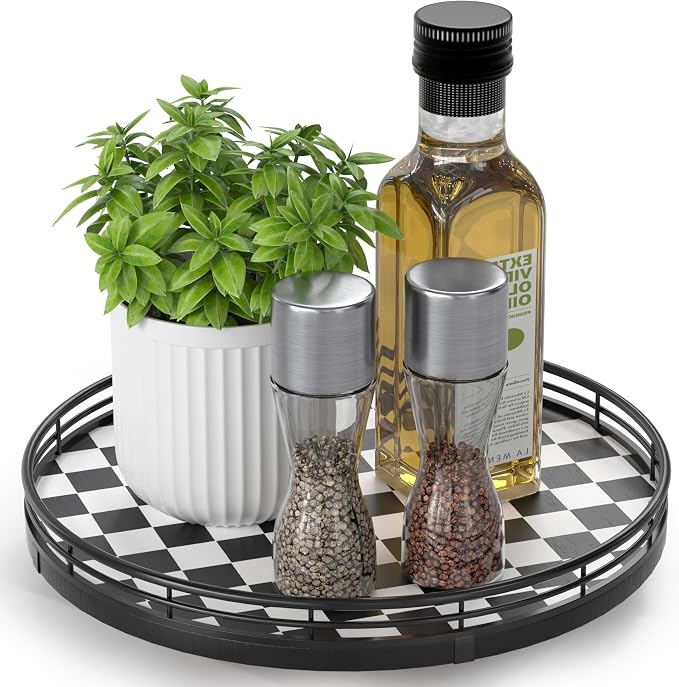 AMH 10-Inch Black and White Checkerboard Lazy Susan with Oak Base | Smooth rotating oak tray with walnut finish for dining tables, kitchen counters, pantries and cabinet storage. by AMH